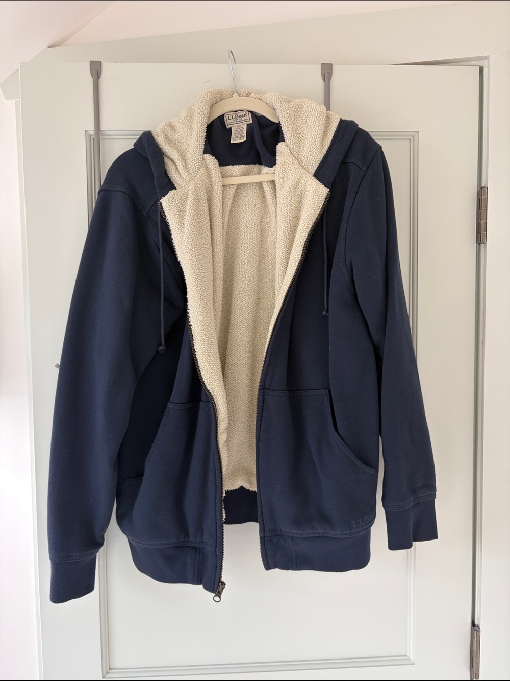 L.L. Bean Navy Sherpa-Lined Zip Hoodie with Cream Interior